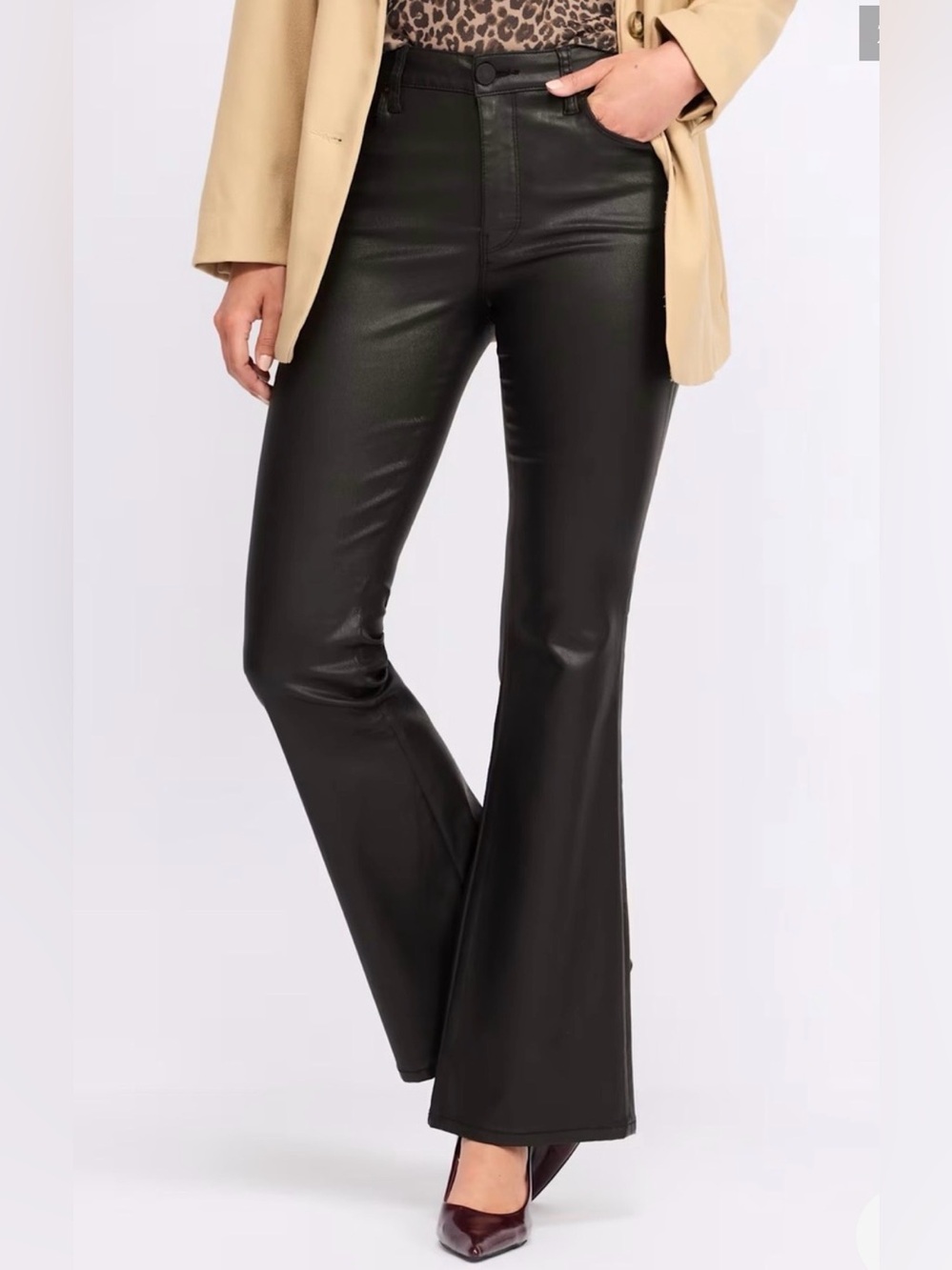 Kut from the Kloth Black Coated Faux Leather Flare Pants - Size 6; worn once